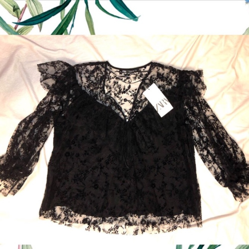 ruffled tulle floral blouse